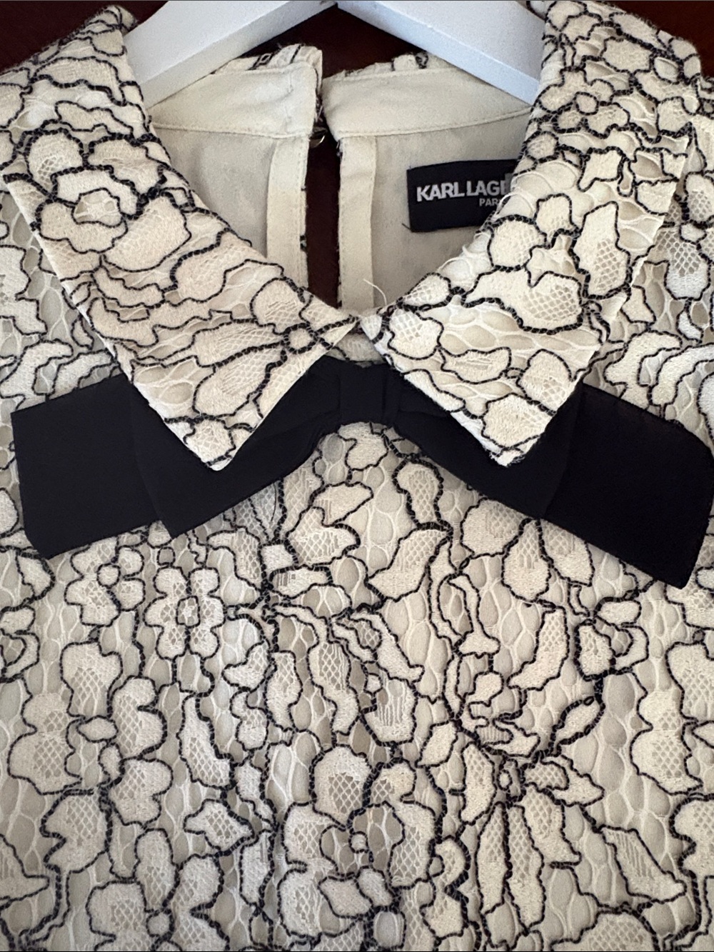 Karl Lagerfeld Cream and Black Lace Blouse with Black Bow Collar - Picture 5 of 10